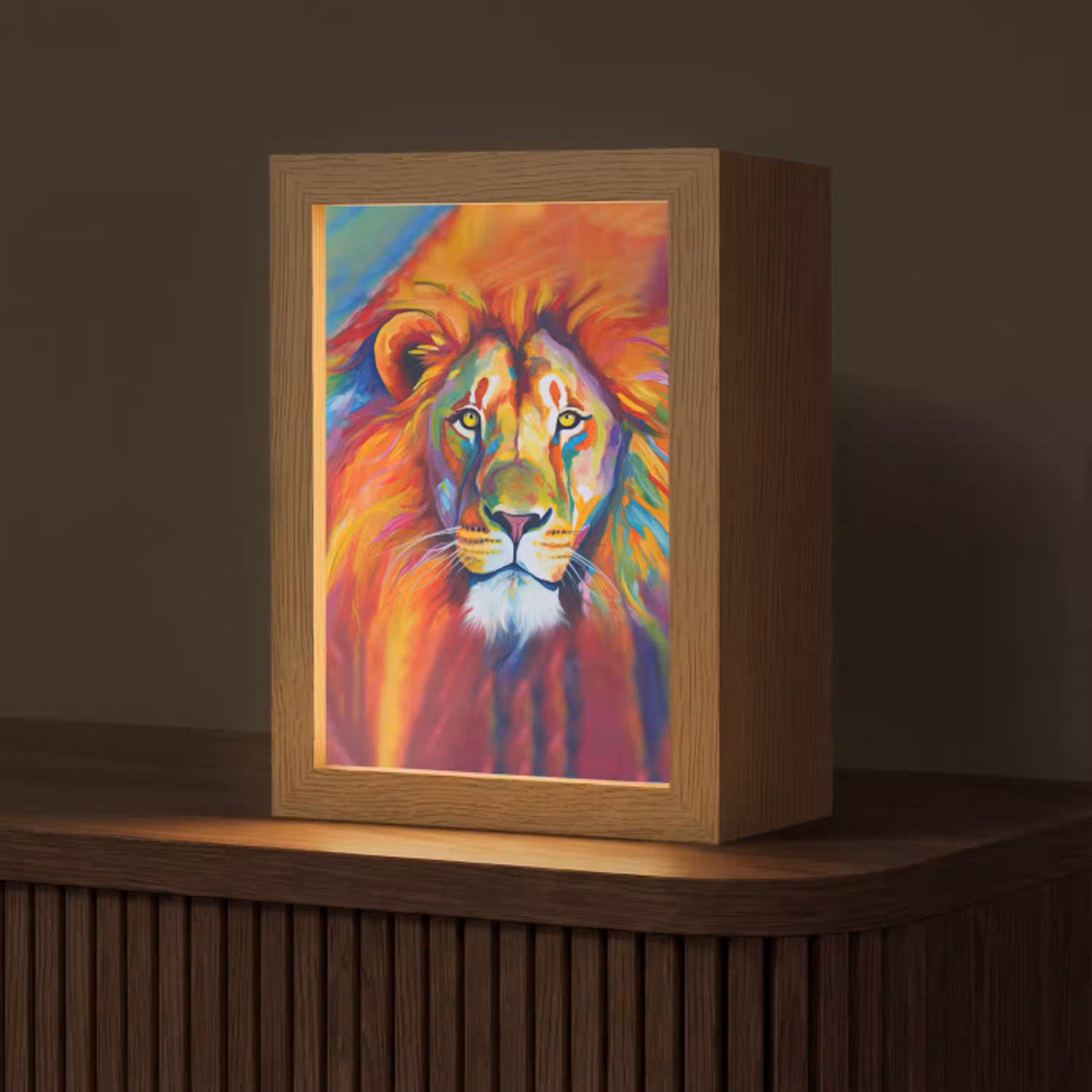 Leeuw - Dieren - Olieverf - Regenboog Light Box met kabel (Tafellamp) klein -z3d_website
