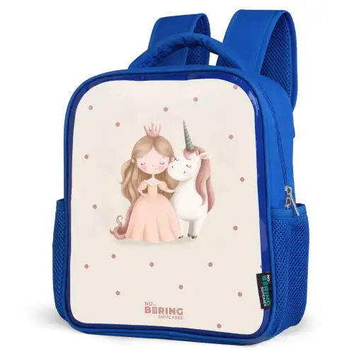 Prinses en een eenhoorn in pastel kleuren Kinderrugzak - Blauw middel -schuin