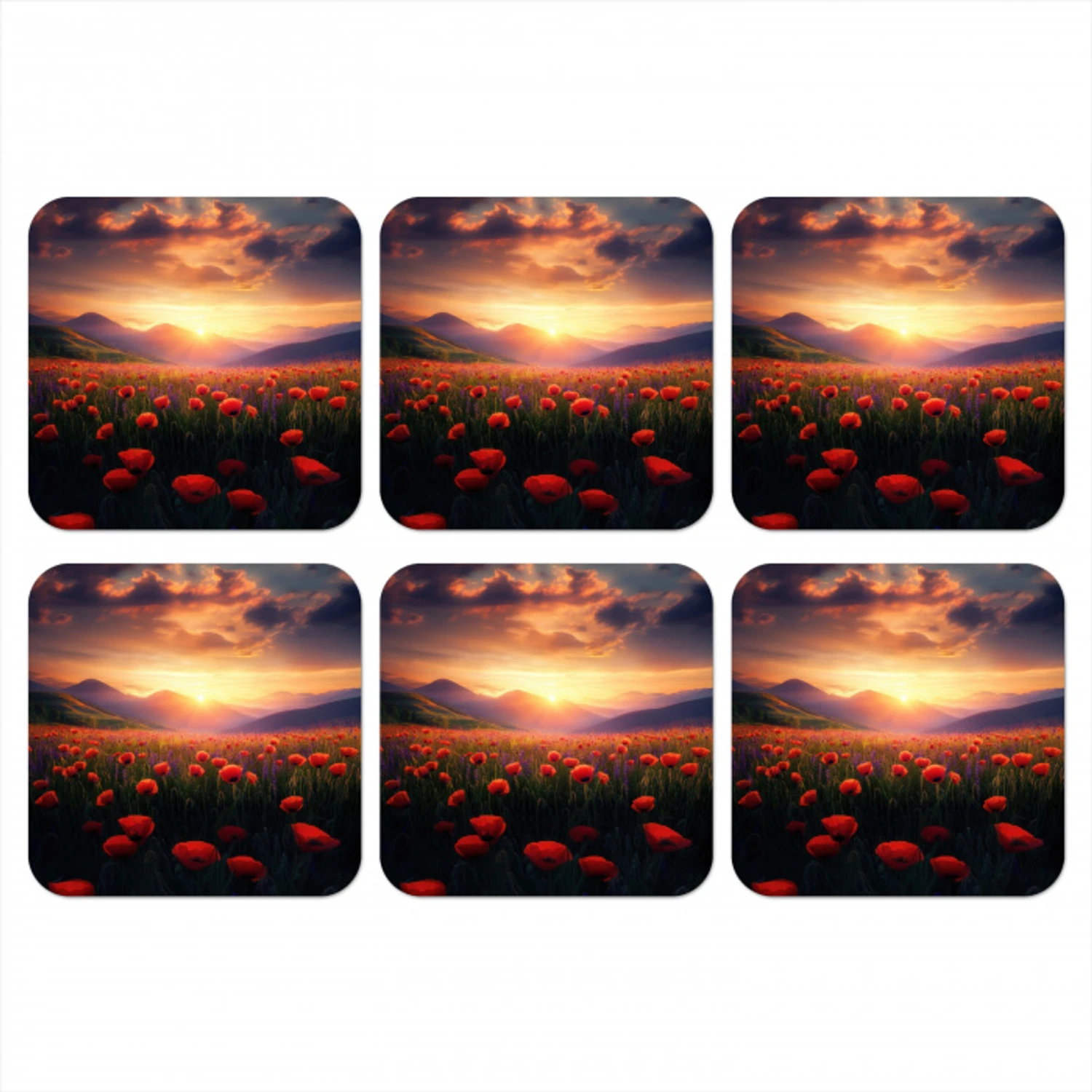 Landschap - Zonsondergang - Bloemenveld onderzetter kurk middel -3d