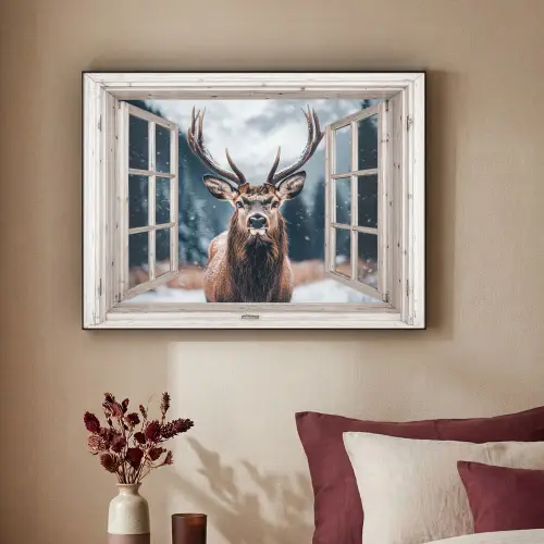 Hert - Dieren - Landschap - Winter - Sneeuw - Doorkijk - Natuur Textielframe zwart klein -sfeer1