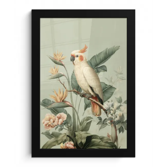 Gele kuifkaketoe - paradijsvogelbloemen - Groen fotolijst zwart zonder passe partout klein -3d