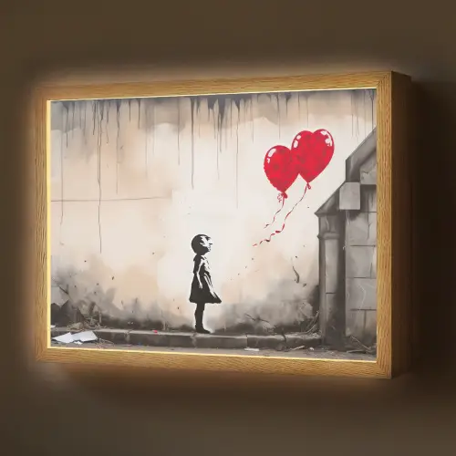 Kunst - Meisje - Ballonnen - Hart - Grijs Light Box met batterij (Wandlamp) middel -z3d_website