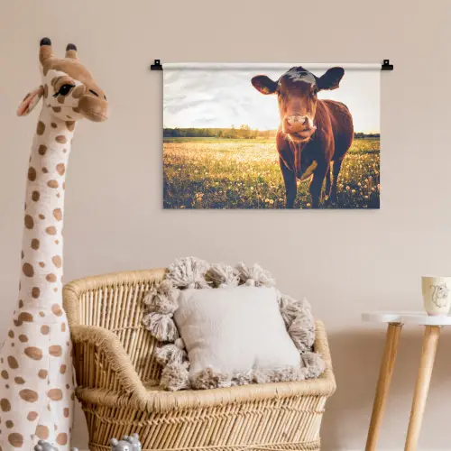 Koe - Zonsondergang - Bloemen - Gras - Dieren Wandkleed katoen klein -wsfeer5_kind
