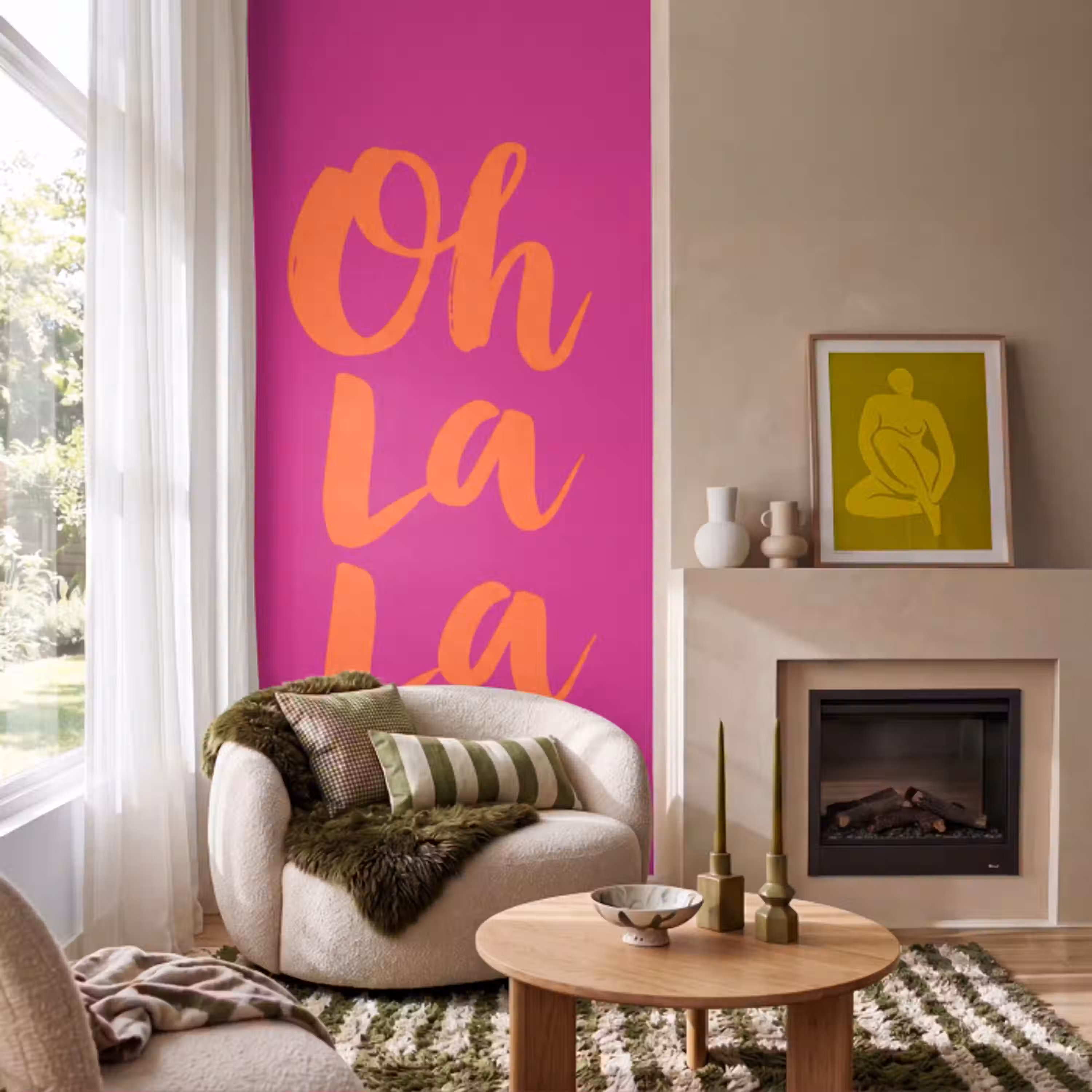 Oh la la - Roze - Oranje - Minimalistisch Behang Vlies klein -sfeer2