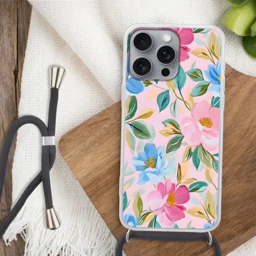 Blauw - Roze - Bloemen Hoesje iPhone 16 Pro Max met koord klein -sfeer4