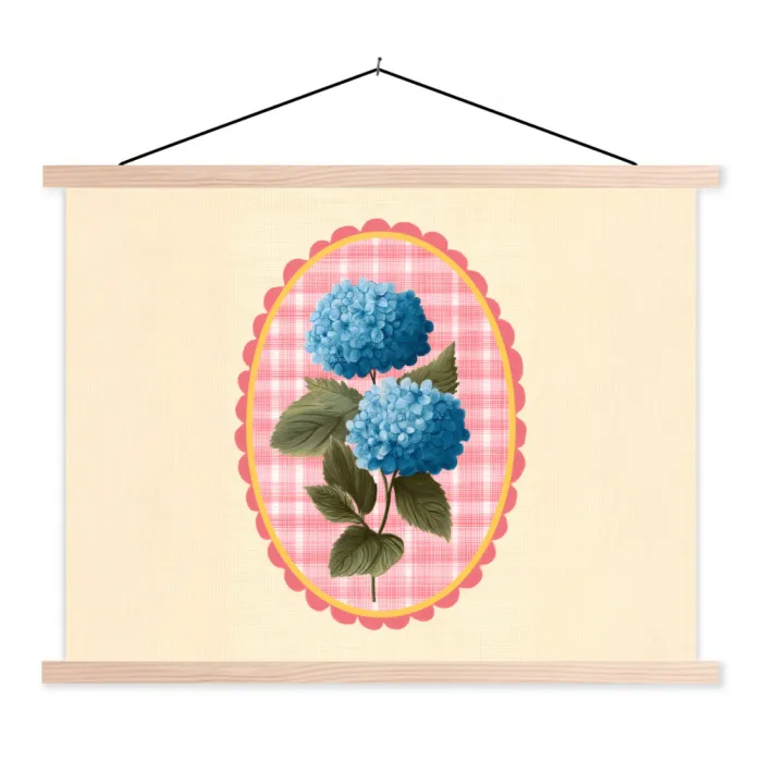Bloemen - Blauw - Lijst - Bladeren textielposter latten blank klein -3d