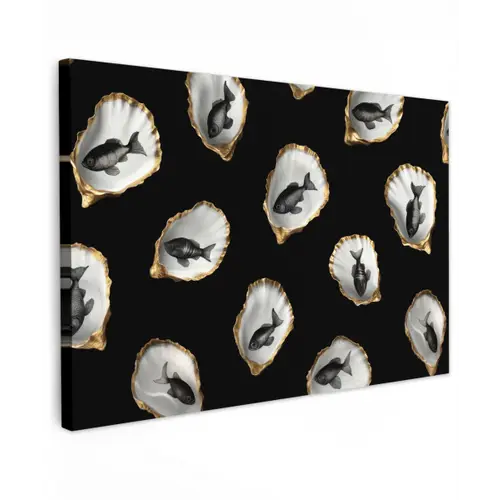 Oesters - Zwart - Vissen - Goud Tuinposter op houten frame 2 cm dik klein -3d