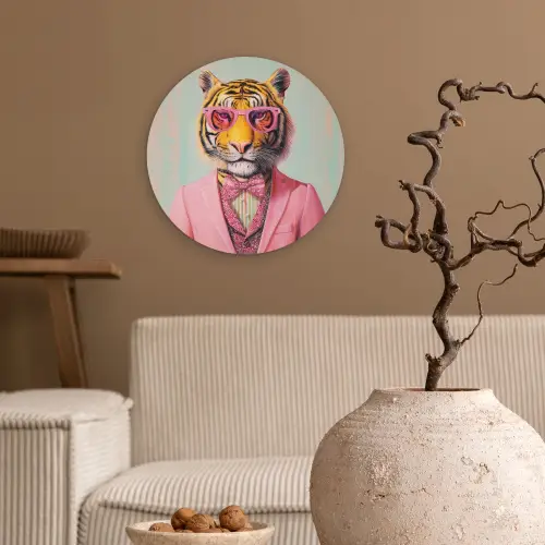 Tijger - Strik - Jasje - Roze Wandcirkel plexiglas klein -sfeer1
