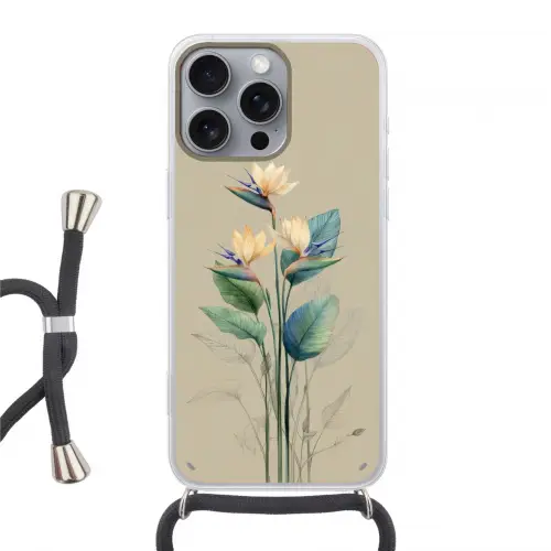 Paradijsvogelbloemen - Blauwgroene bladeren - Beige Hoesje iPhone 16 Pro Max met koord klein -3d