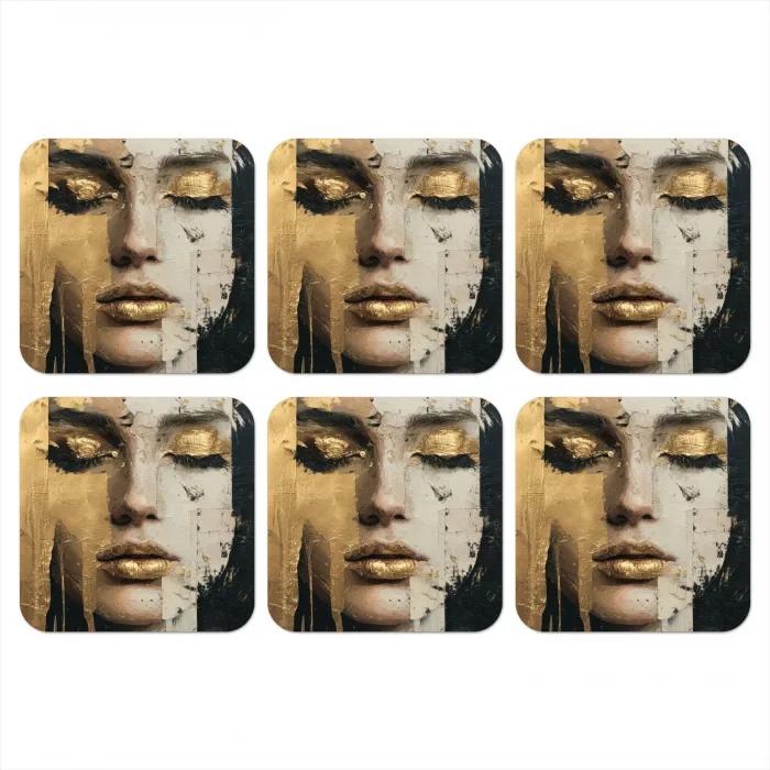 Abstract - Goud - Gezicht - Lippen onderzetter kurk middel -3d