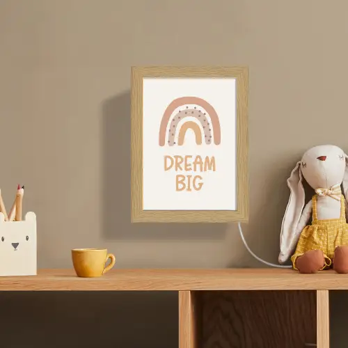Regenboog - Quote - Dream Big - Pastel kleuren Light Box met kabel (Wandlamp kind) klein -sfeer2_kind