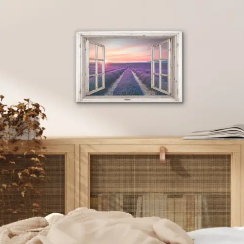 Doorkijk - Lavendel - Bloemen - Hout - Zonsondergang - Paars aluminium wit klein -sfeer3