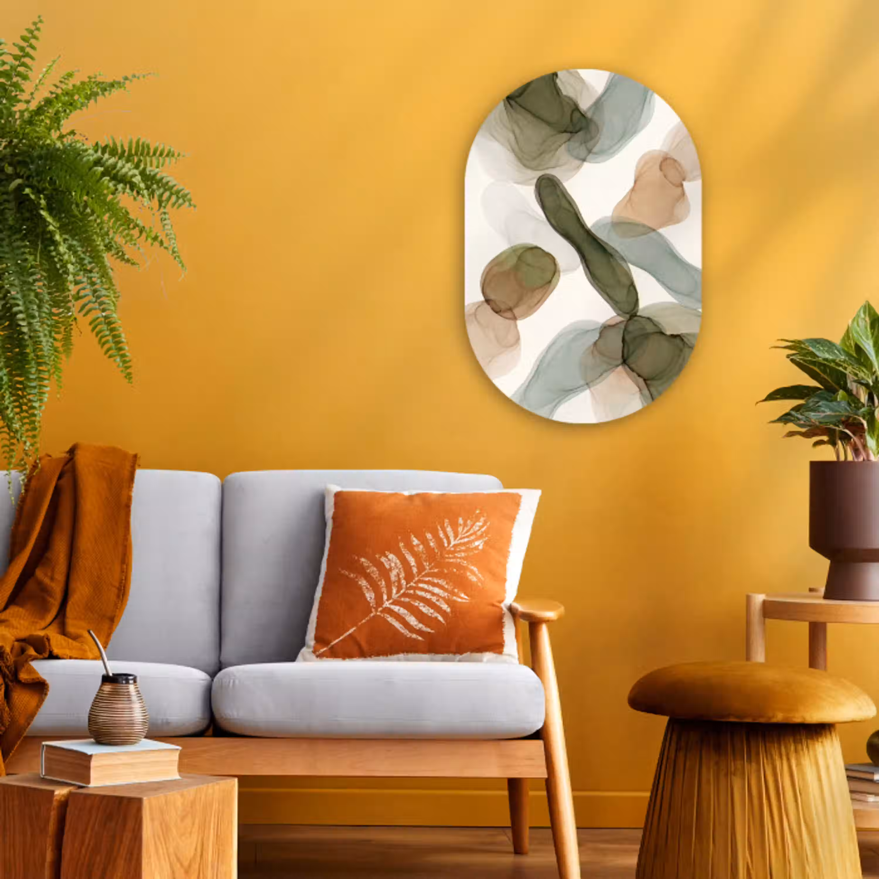 Abstract - Vormen - Modern - Kunst - Groen - Bruin Wandcirkel Ovaal Forex klein -sfeer4