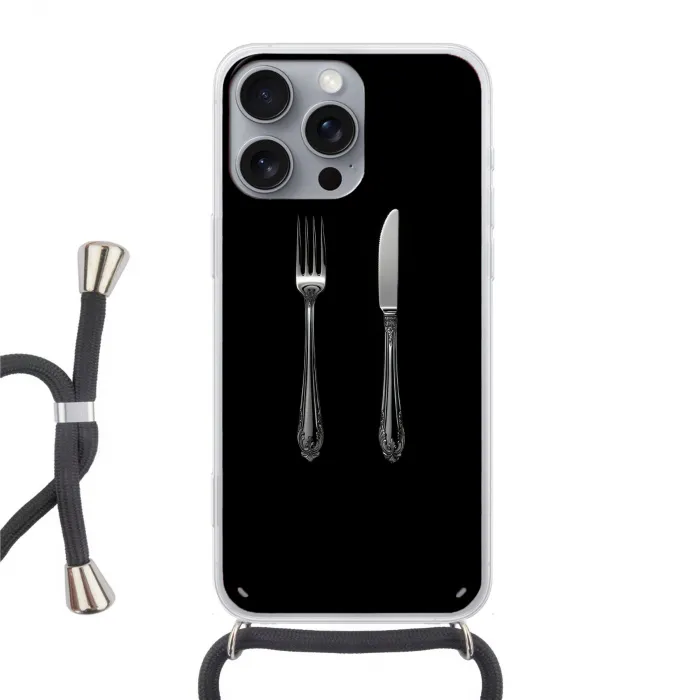 Vork - Mes - Zilver Hoesje iPhone 16 Pro Max met koord klein -3d