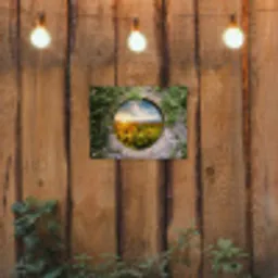 Ronde poort naar zonnebloemveld tuinposter los doek klein -sfeer1