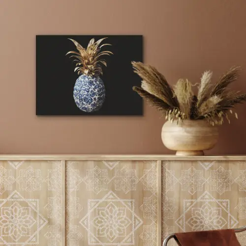 Ananas - Bloemen patroon - Goud - Delftsblauw PET vilt klein -sfeer4