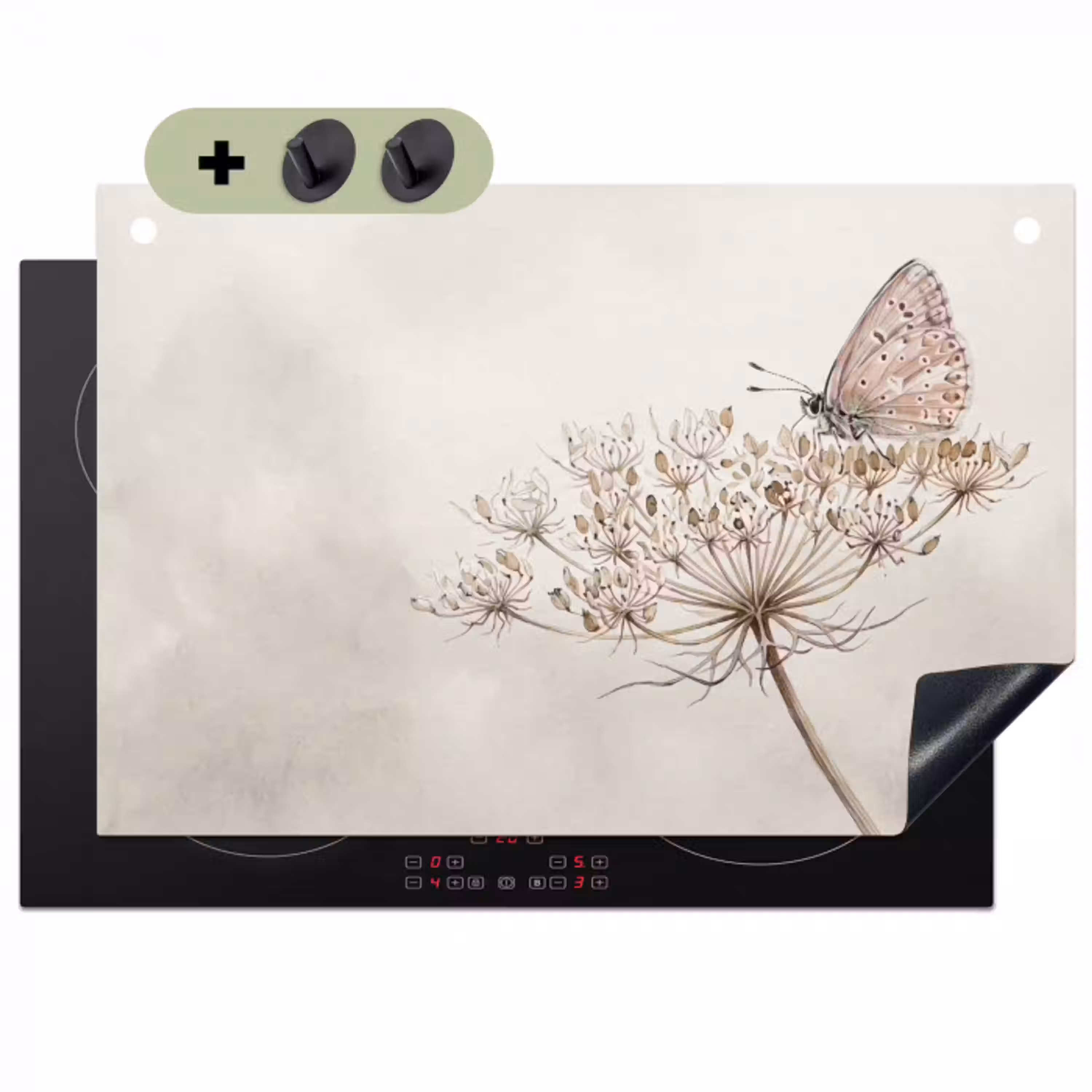 Vlinder - Bloem -Natuur - Beige Inductie beschemer met haakjes klein -3d