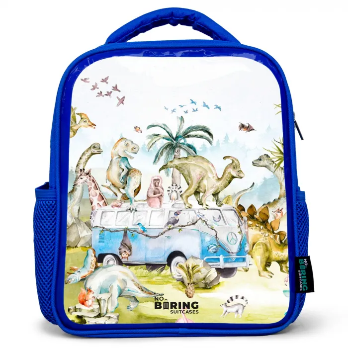 Busje met dino's Kinderrugzak - Blauw middel -3d