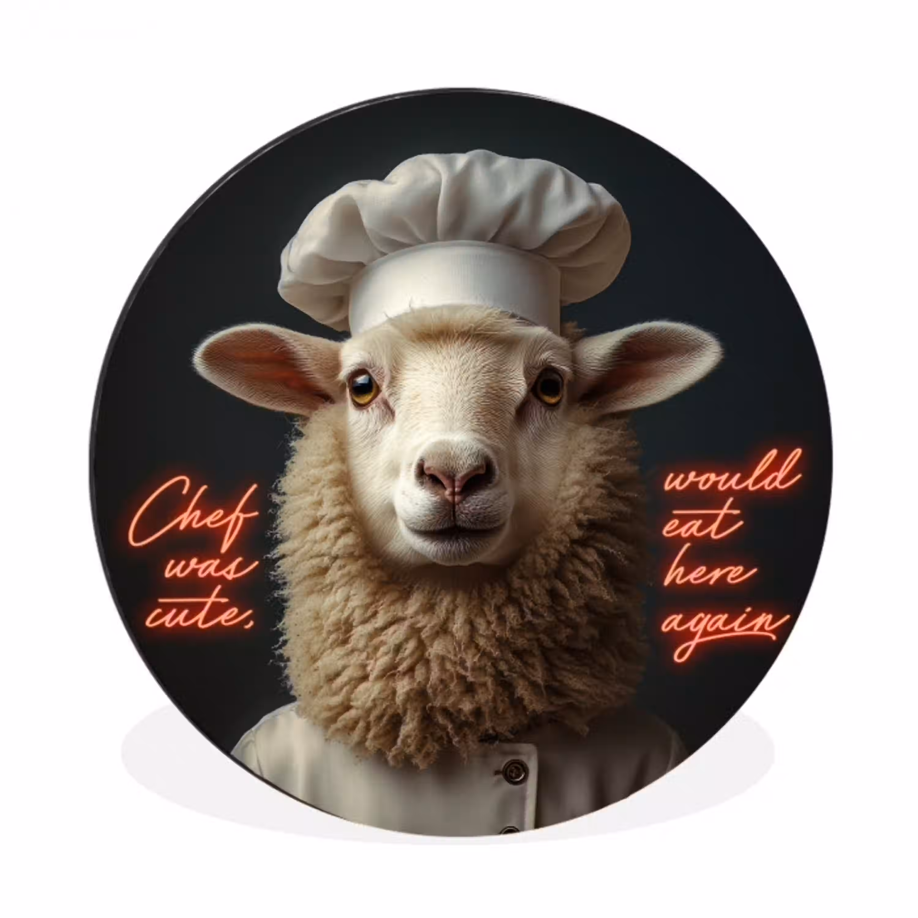 Schaap - Kokskleding - Neon - Quote Wandcirkel aluminium klein -3d