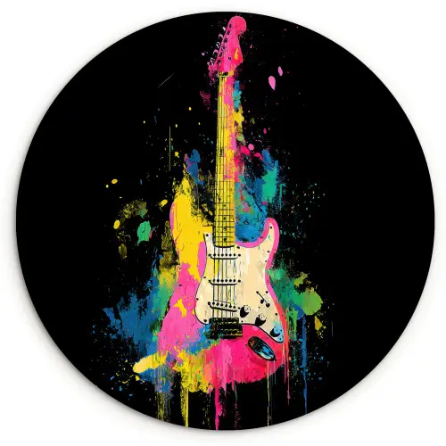 Gitaar - Kleurrijk - Verf Wandcirkel kunststof plaat 5mm dik klein -3d