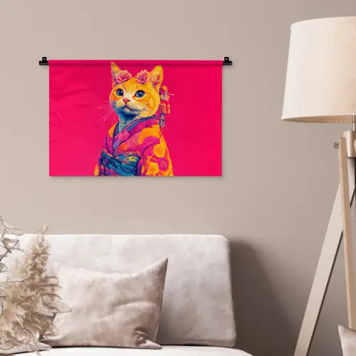 Kat - Kimono - Bloemen - Roze Wandkleed katoen klein -sfeer4