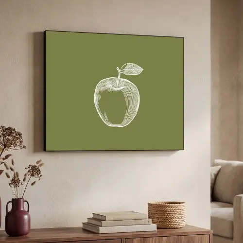 Lijntekening - Appel - Olijfgroen - Blaadje Textielframe zwart klein -sfeer3