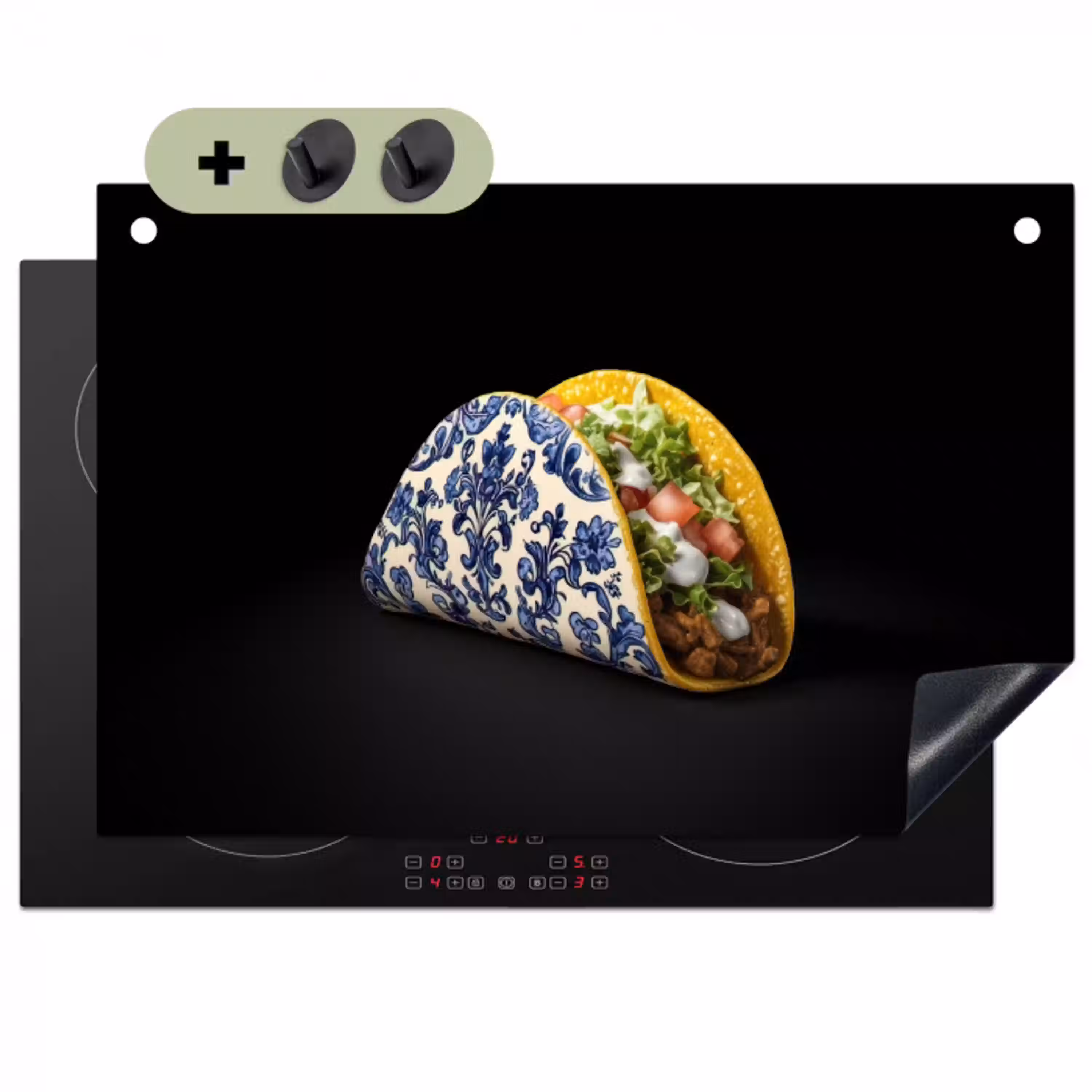 Taco - Vlees - Salade - Delftsblauw - Motief Inductie beschemer met haakjes klein -3d