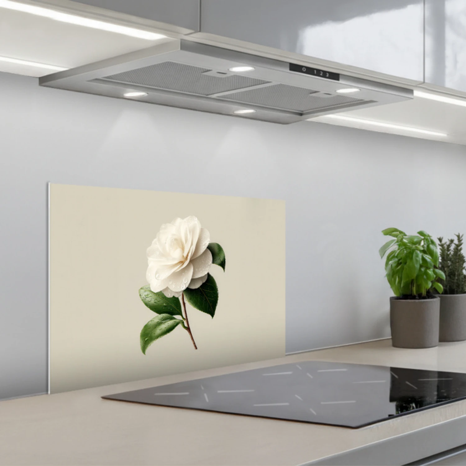 Cameliabloem - Wit - Groen keuken achterwand spatscherm klein -3d_schuin