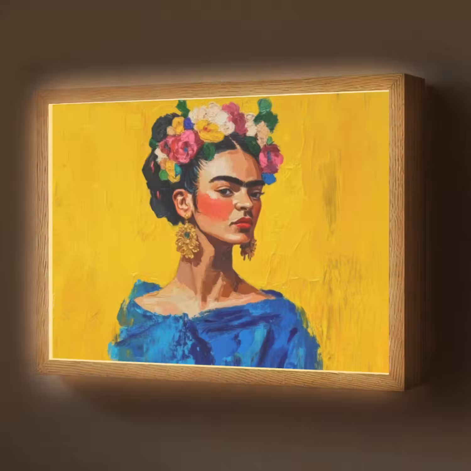 Lightbox - Wandleuchte - Frida Kahlo - Frau - Gelb - Blau - Blumen