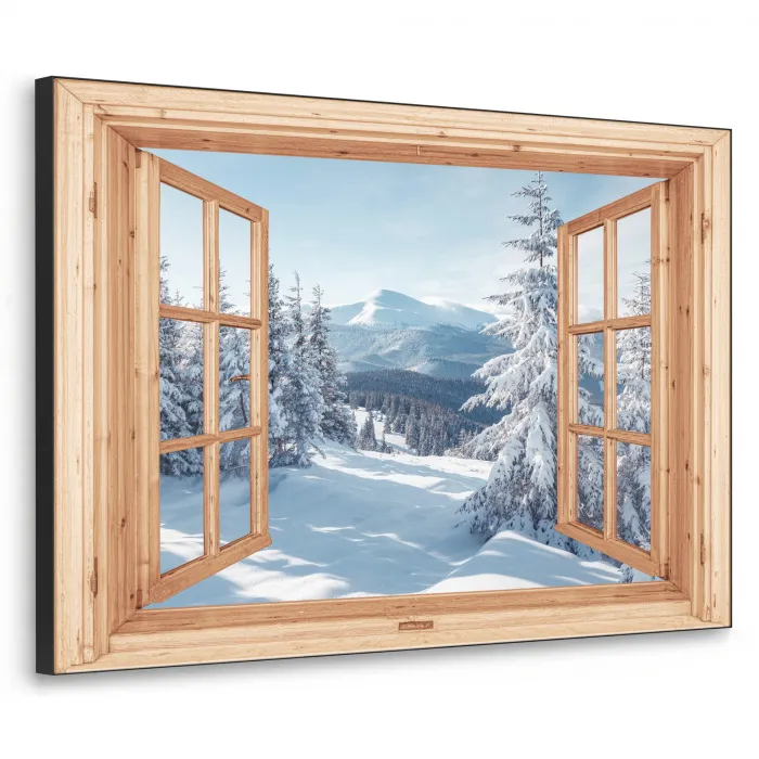 Doorkijk - Winterlandschap - Natuur - Berg - Bomen - Hout Textielframe zwart klein -3d