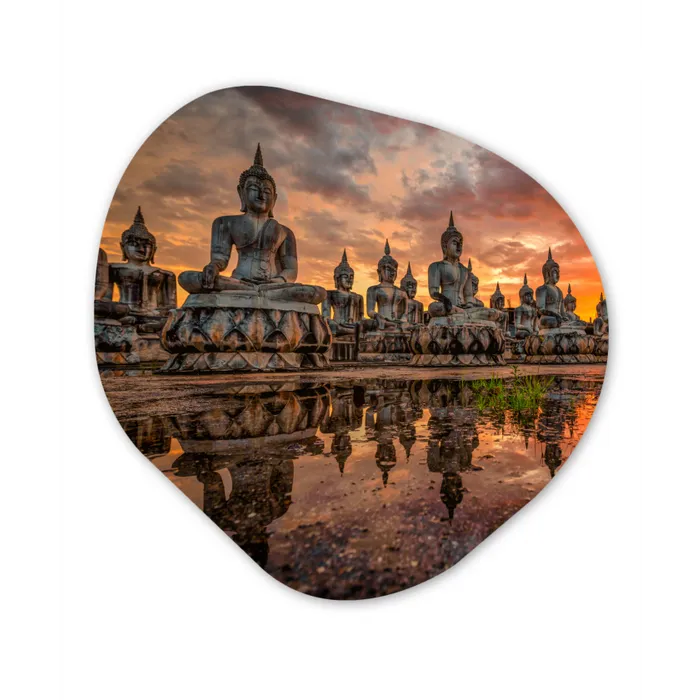 Boeddha beelden - Zonsondergang - Water - Boeddhisme Wandcirkel Organisch Forex 3mm klein -3d