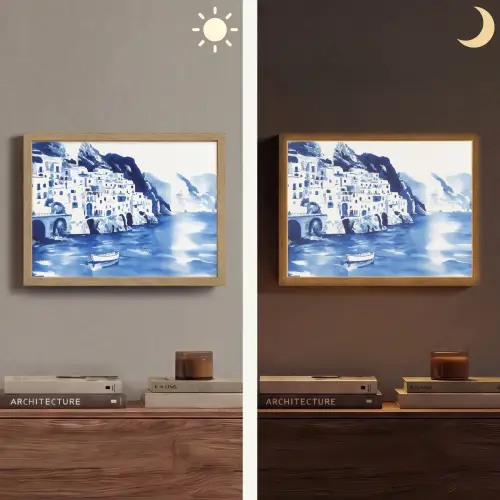 Dorp - Rotswand - Roeiboot - Water Light Box met batterij (Wandlamp) middel -sfeer3
