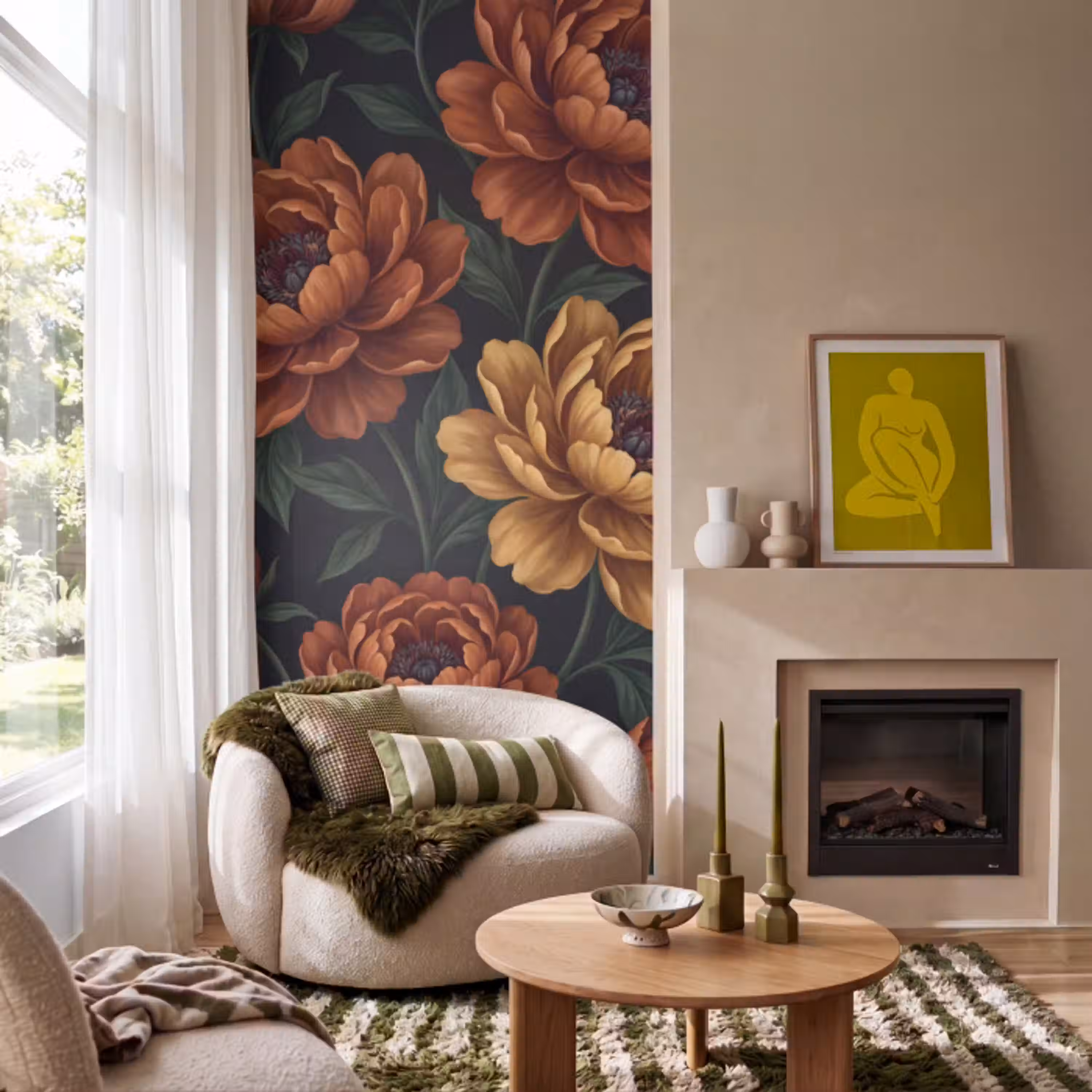 Bloemen - Bladeren - Natuur - Modern - Oranje Behang Vlies klein -sfeer2