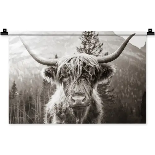 Schotse hooglander - Koe - Dieren - Zwart - Wit Wandkleed katoen klein -zz3d