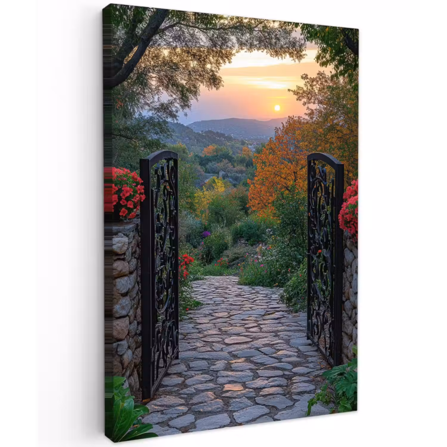 Leinwandbild - Landschaft - Zaun - Weg - Sonnenuntergang - Natur