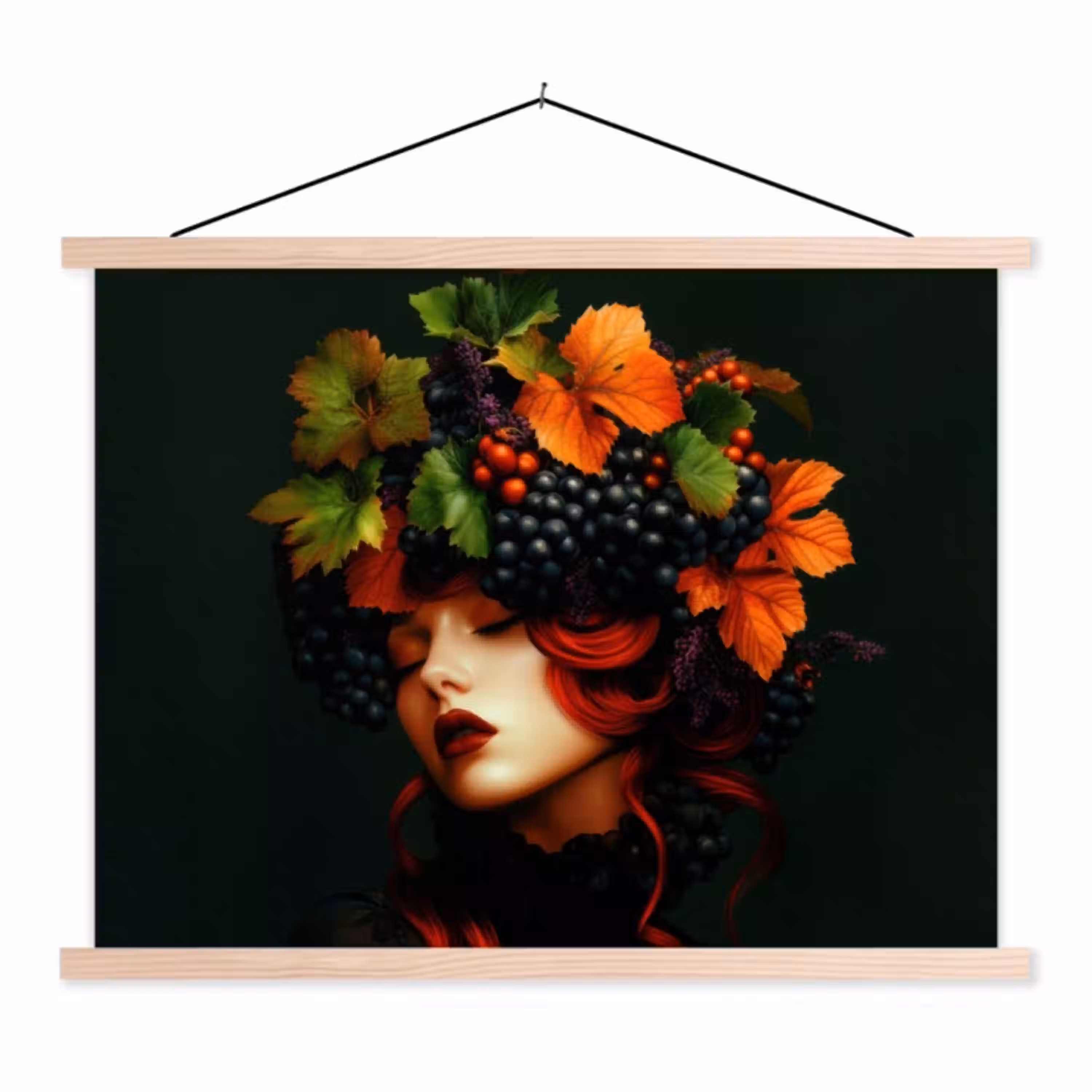 Vrouw - Rood - Groen - Druiven textielposter latten blank klein -3d