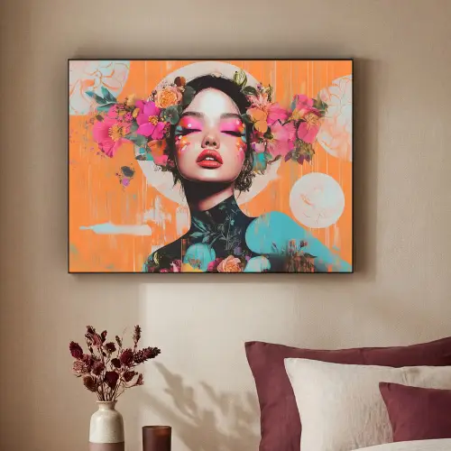 Portret - Vrouw - Abstract - Bloemen Textielframe zwart klein -sfeer1