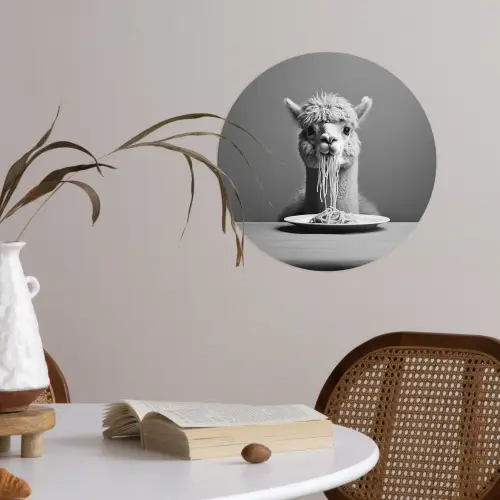 Alpaca - Pasta - Zwart - Wit - Grappig - Dieren Wandcirkel behangsticker klein -sfeer3