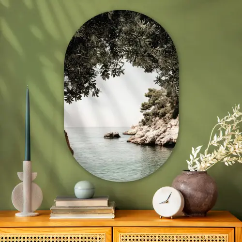 Rotsen - Zee - Boom - Groen Wandcirkel Ovaal Glas middel -sfeer2
