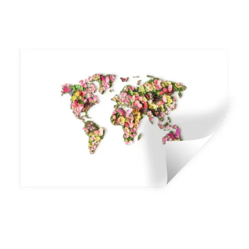 Wereldkaart - Bloemen - Felgekleurd Muursticker klein -3d
