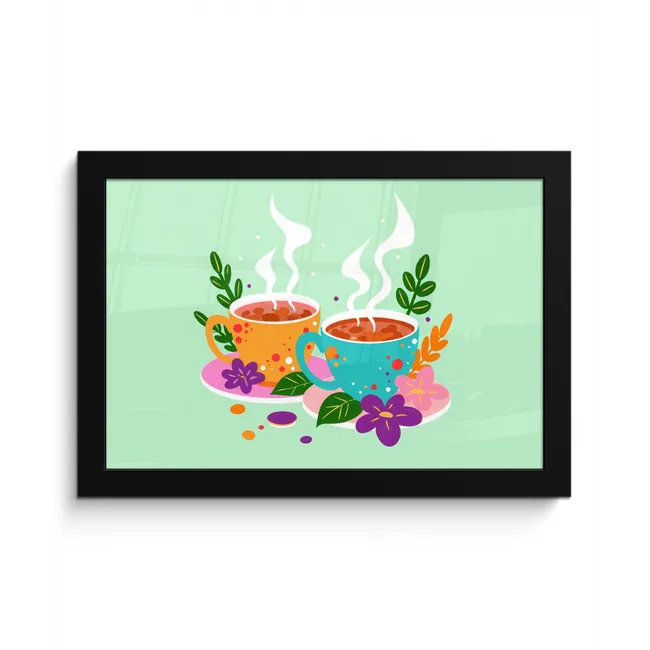 Thee - Illustratie - Kopjes - Bloemen fotolijst zwart zonder passe partout klein -3d