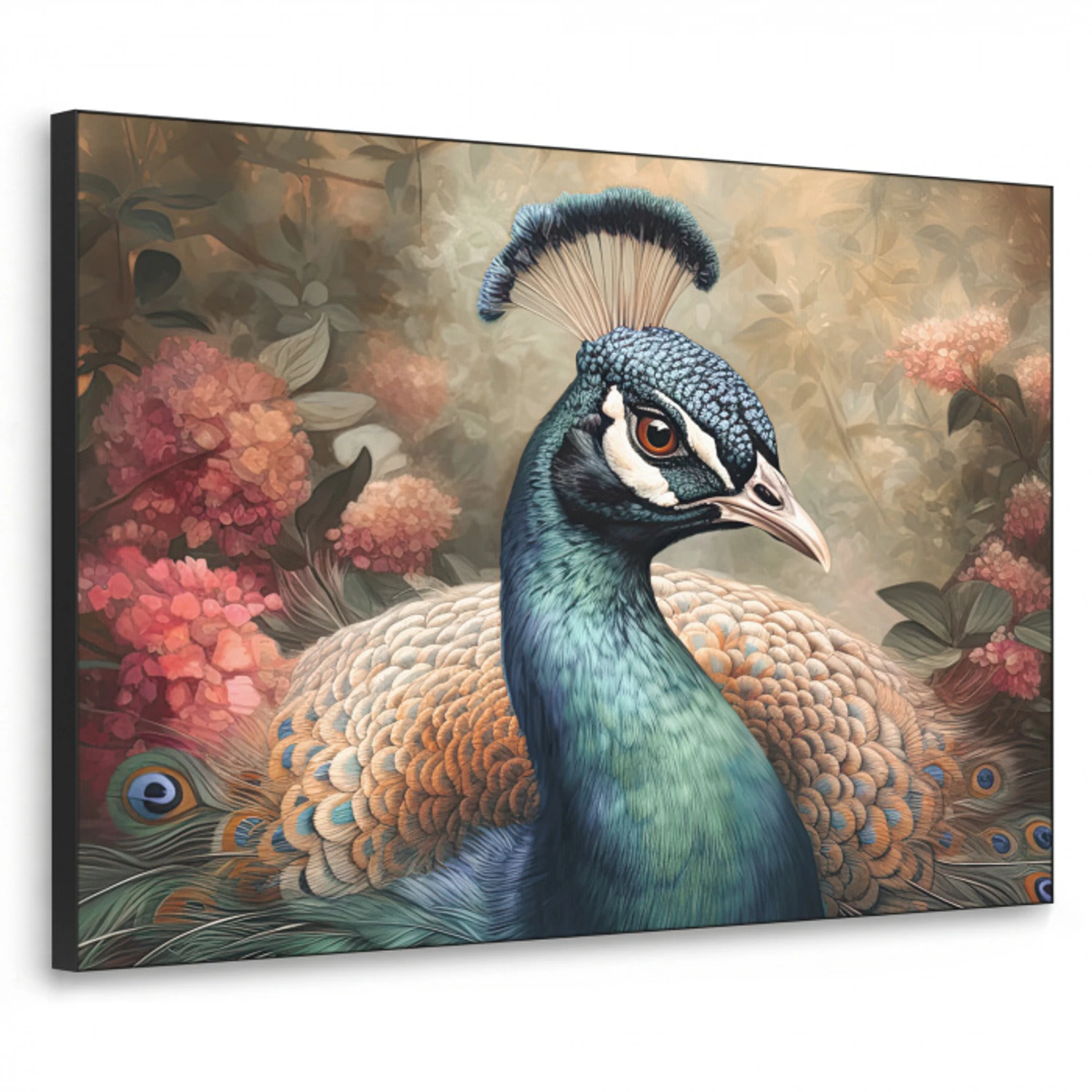 Pauw - Vogel - Bloemen - Planten - Pauwenveren Textielframe zwart klein -3d
