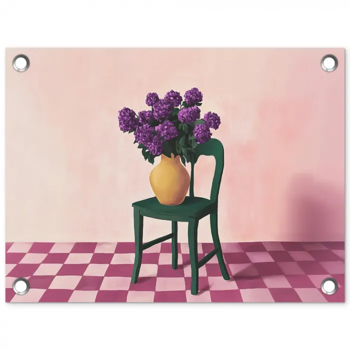 Stoel - Vaas - Bloemen - Geblokt tuinposter los doek klein -3d