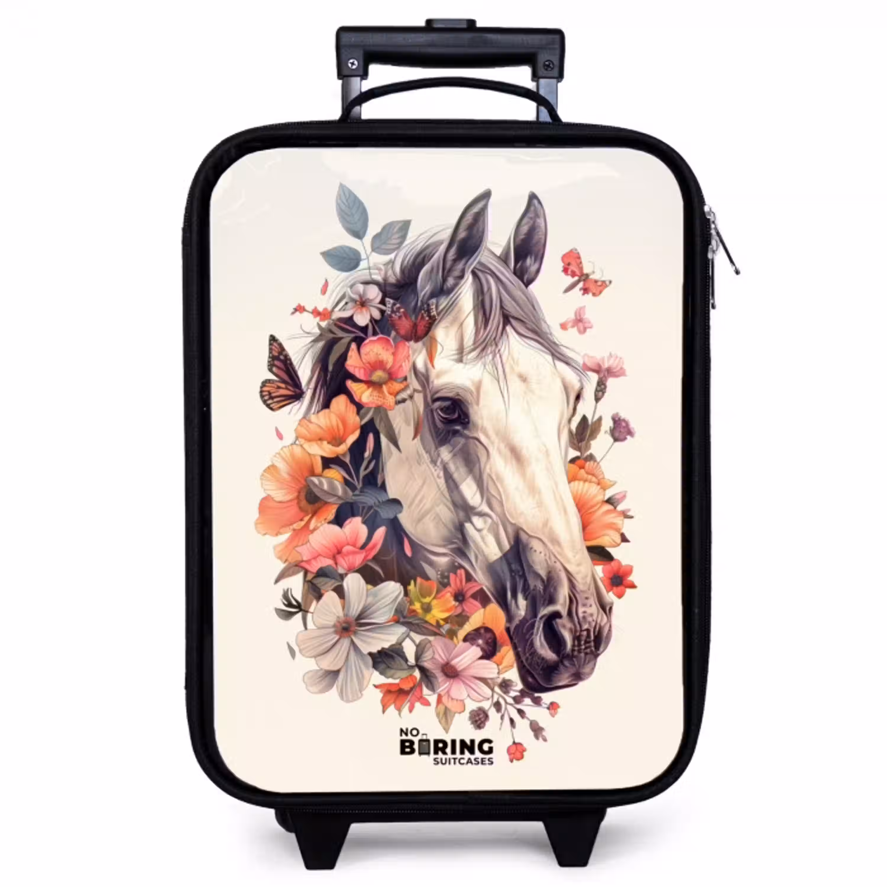 Wit paardenhoofd omringd door bloemen en vlinders Kinderkoffer - Zwart klein -zzz_website3d