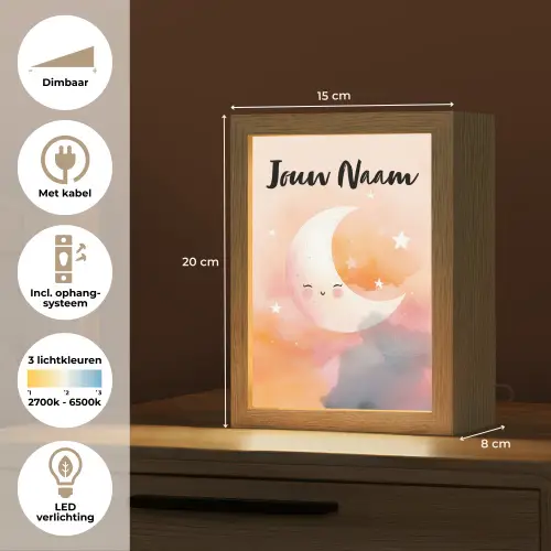 Maan - Gezichtje - Sterren - Roze Light Box met kabel (Kinderlampje) klein -USP_NL