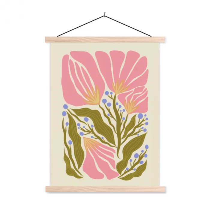 Bloemen - Bladeren - Abstract - Roze textielposter latten blank klein -3d