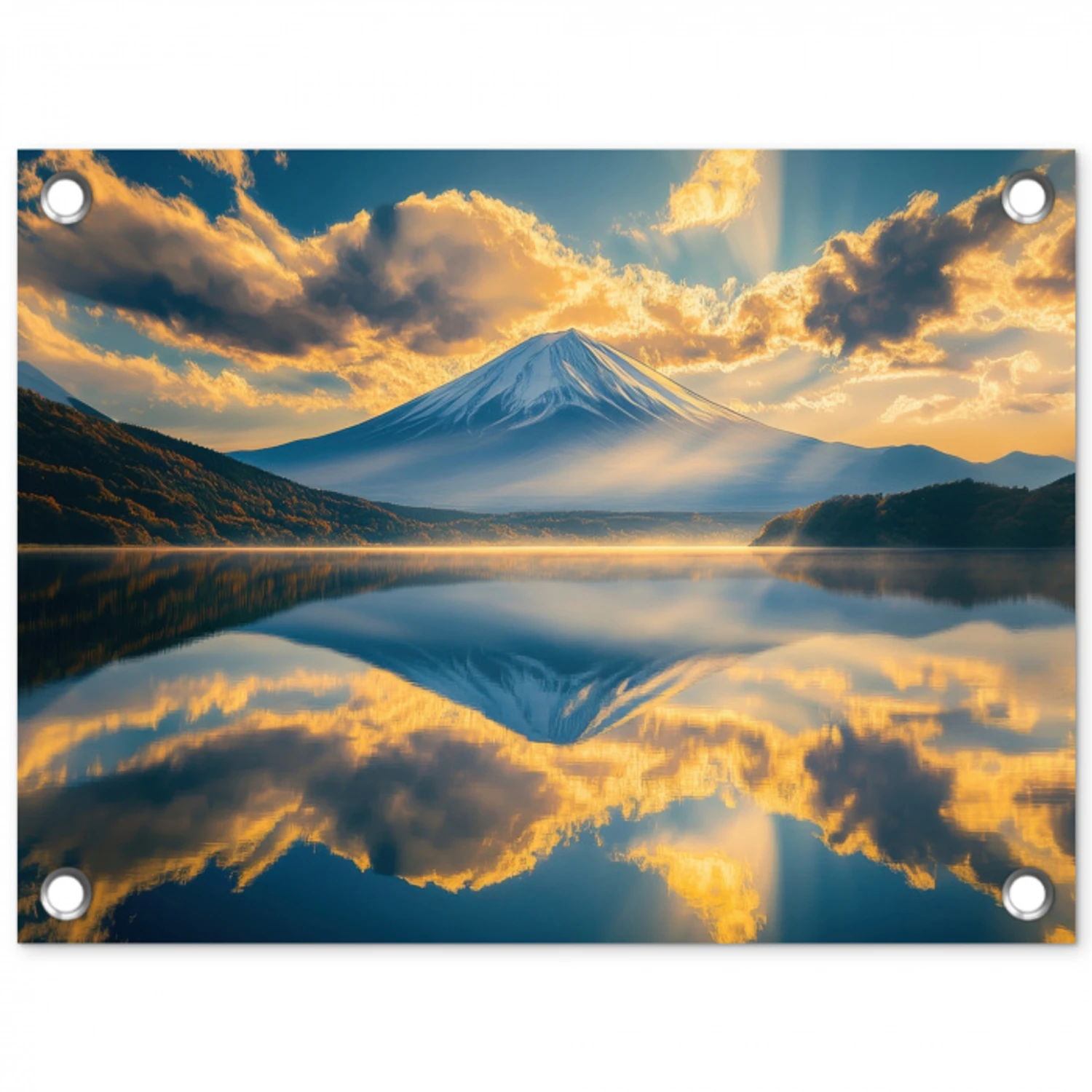 Berg - Rivier - Zonsondergang tuinposter los doek klein -3d