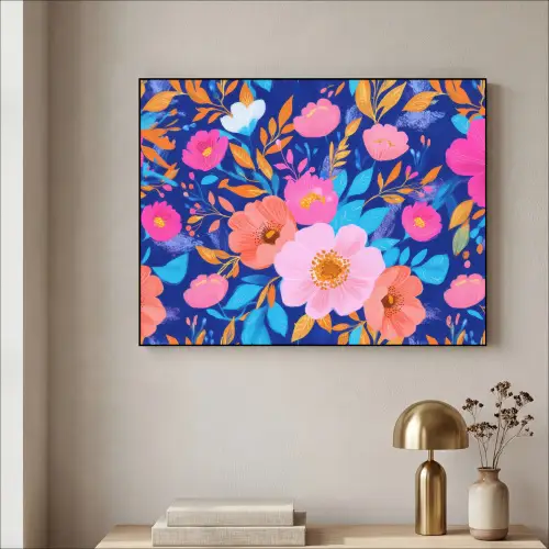 Bloemen - Blauw - Roze Textielframe zwart klein -sfeer2