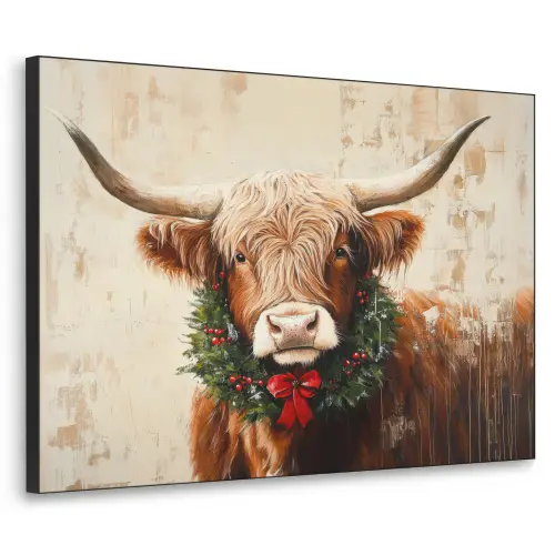 Kerst - Schotse Hooglander - Bruin - Krans Textielframe zwart klein -3d