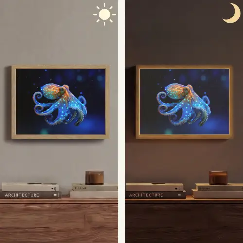 Octopus - Stippen - Blauw - Zee Light Box met batterij (Wandlamp) middel -sfeer3